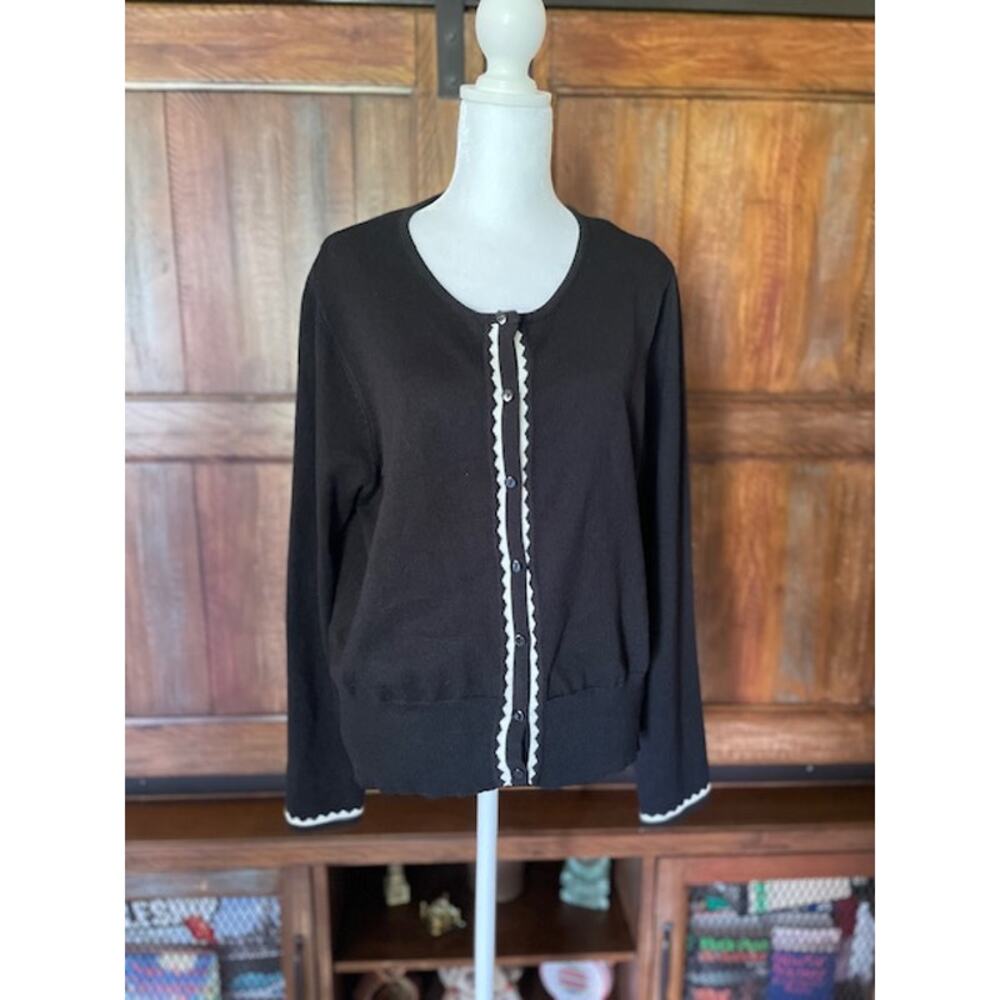 Belle Poque Size 2XL Cardigan Button Up Sweater Black w/ White Trim